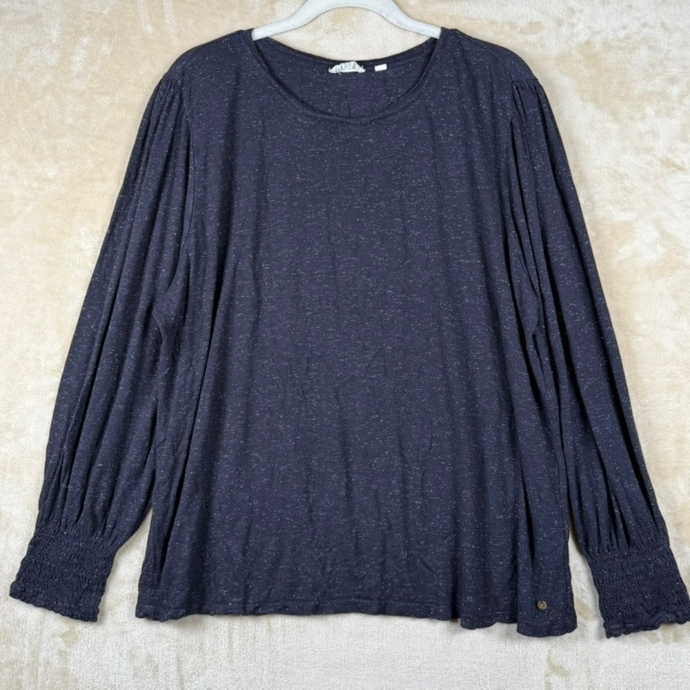 Fat Face Women Size 16 Black Metallic Shimmer Smocked Cuff Long Sleeve Top